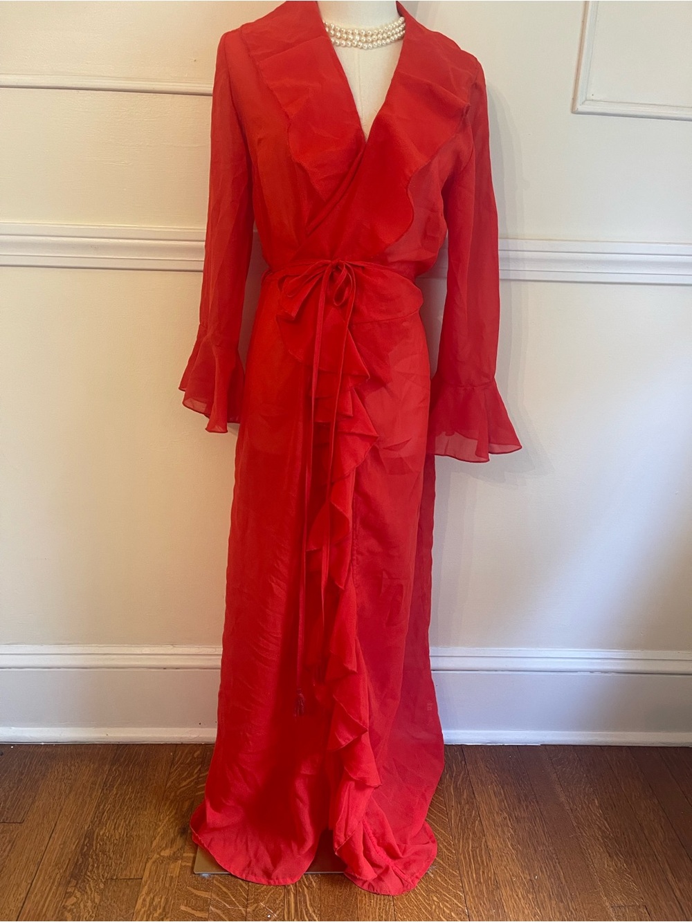 New York & Company Red Ruffle Wrap Maxi Dress